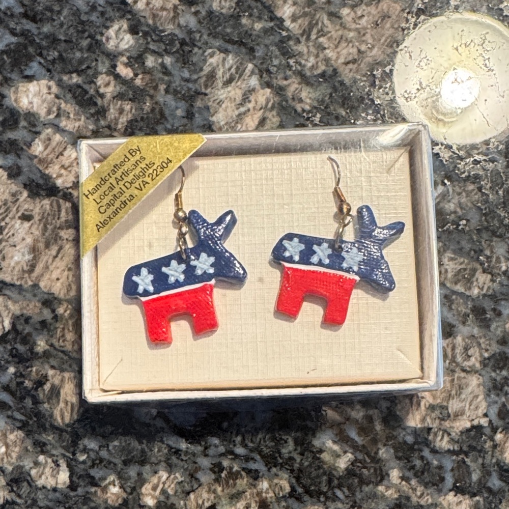 3/$15 Handcrafted Donkey Earrings in Red and Blue